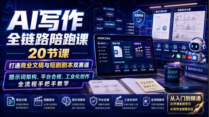 AI写作全链路陪跑课｜20节课打通商业文稿与短剧剧本双赛道，提示词架构、平台合规、工业化创作全流程手把手教学胖子网创胖子网创