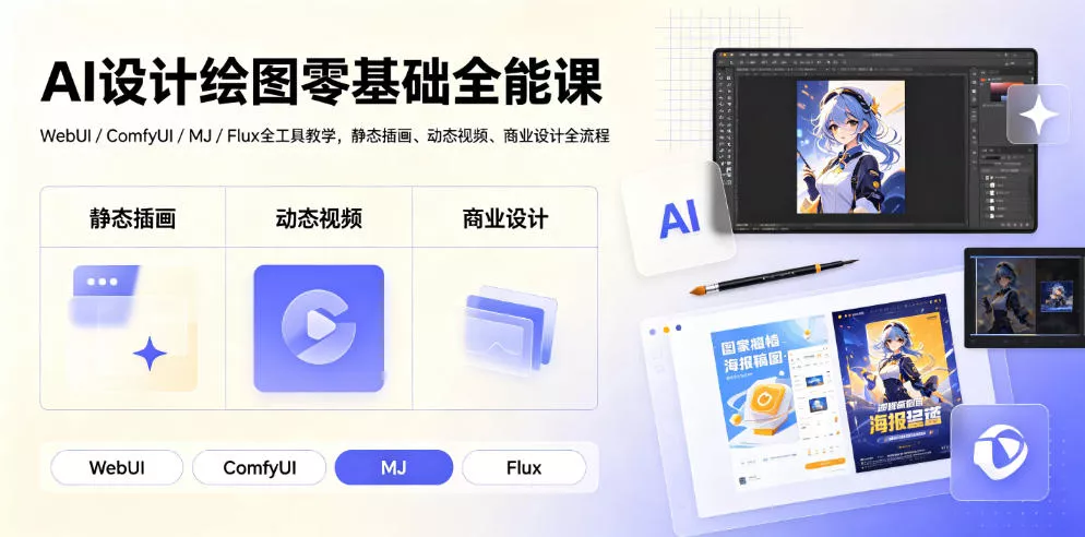 AI设计绘图零基础全能课｜WebUI/ComfyUI/MJ/Flux全工具教学，静态插画、动态视频、商业设计全流程胖子网创胖子网创