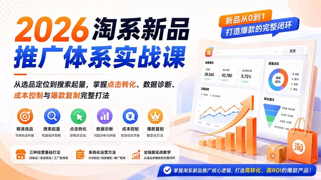 2026淘系新品推广体系实战课：从选品定位到搜索起量，掌握点击转化、数据诊断、成本控制与爆款复制完整打法胖子网创胖子网创