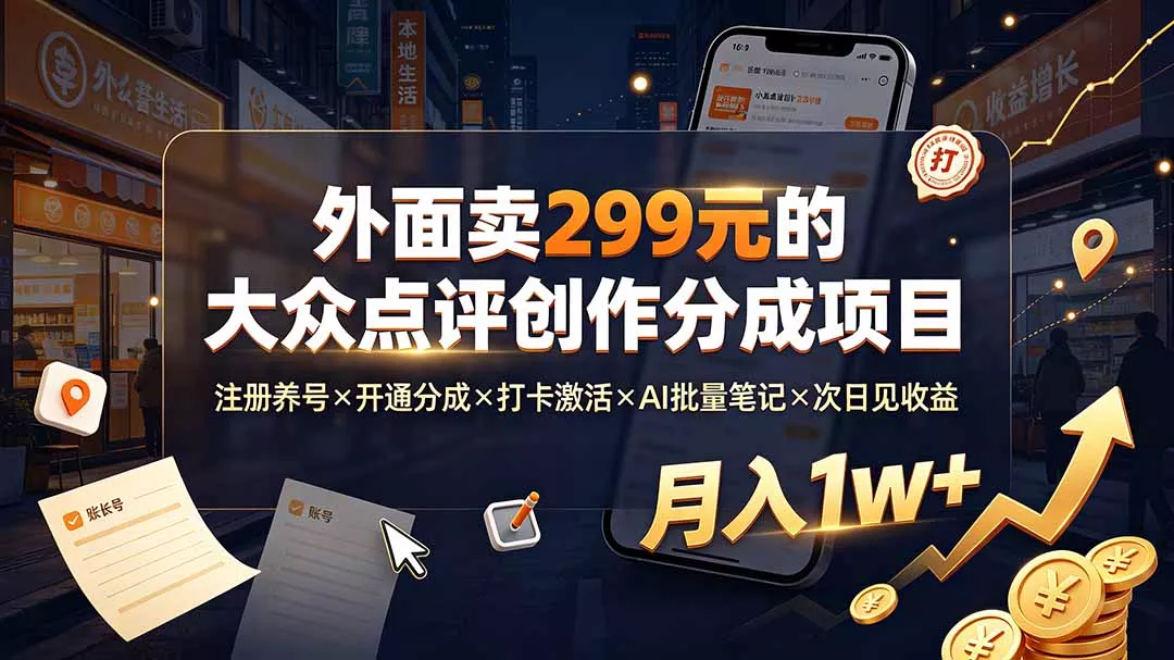 外面卖299元的大众点评创作分成项目:注册养号×开通分成×打卡激活×AI批量笔记×次日见收益,月入1w+ 外面卖299元的大众点评创作分成项目:注册养号×开通分成×打卡激活×AI批量笔记×次日见收益,月入1w+