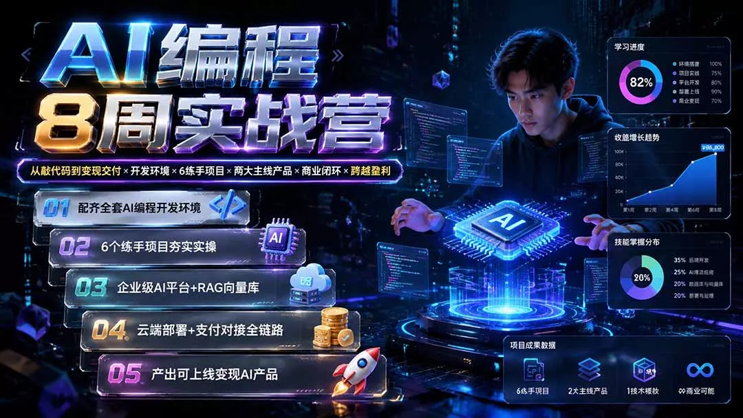 AI编程8周实战营：从敲代码到变现交付×开发环境×6练手项目×两大主线产品×商业闭环×跨越盈利胖子网创胖子网创