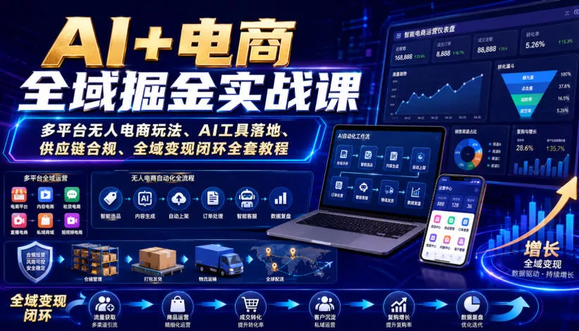 AI+电商全域掘金实战课｜多平台无人电商玩法、AI工具落地、供应链合规、全域变现闭环全套教程胖子网创胖子网创