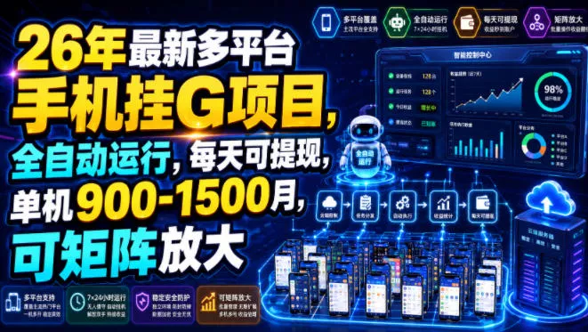 26年最新多平台手机挂G项目，全自动运行，每天可提现，单机900-1500月，可矩阵放大【揭秘】胖子网创胖子网创